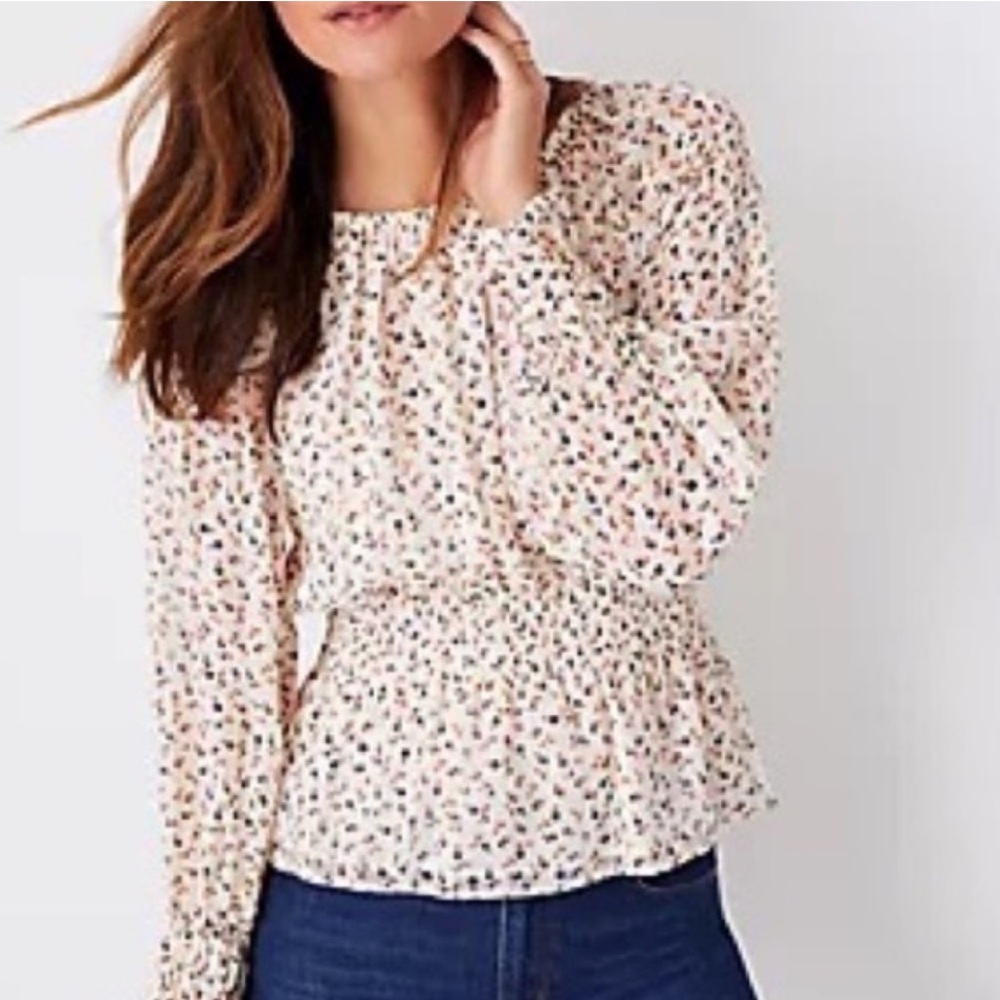 Ann Taylor Dainty Floral Tan Long Sleeve Smocked Blouse Business Casual